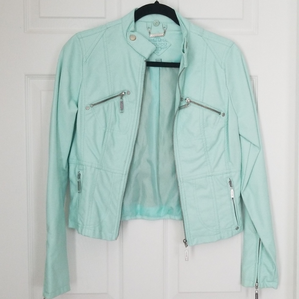 Jou Jou Aquamarine PU biker leather jacket
